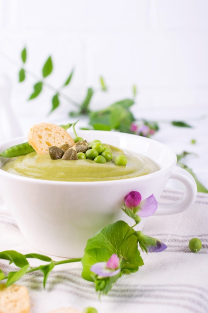 Velouté de petits pois aux croûtons dans un bol blanc