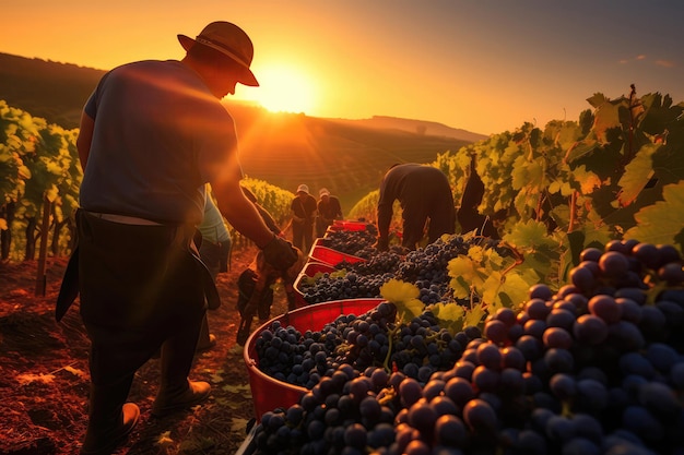 Vendanges au lever du soleil Travailleurs du vignoble récoltant des raisins AI générative