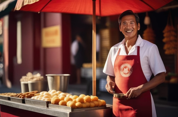 Vendeur de Chinatown vieux vendeur asiatique vendant des produits alimentaires frais à l'extérieur dans une tente entreprise locale