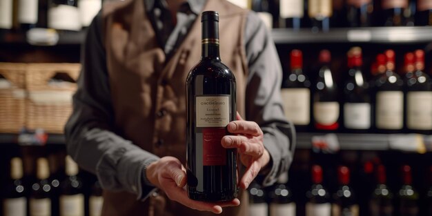 un vendeur dans un magasin de vin offre une bouteille de vin IA générative