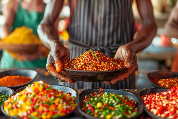 Un vendeur d'épices traditionnel organise des épices colorées dans des bols dans un marché alimentaire local animé