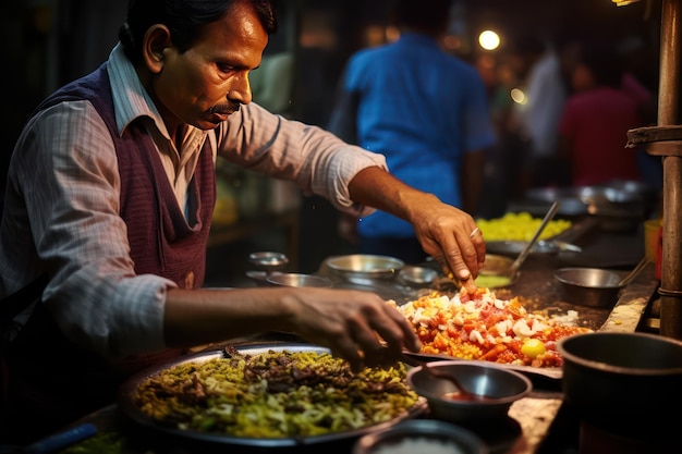 Photo un vendeur fabrique habilement une assiette de chaat symbolisant la culture culinaire de rue dynamique de l'inde