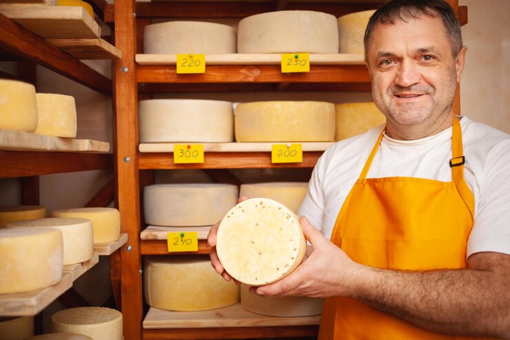 Vendeur de fromage en magasin entrepreneur d'entreprise de production à domicile Portrait d'homme souriant Vente de produits au fromage Fait avec amour et soin Création créative