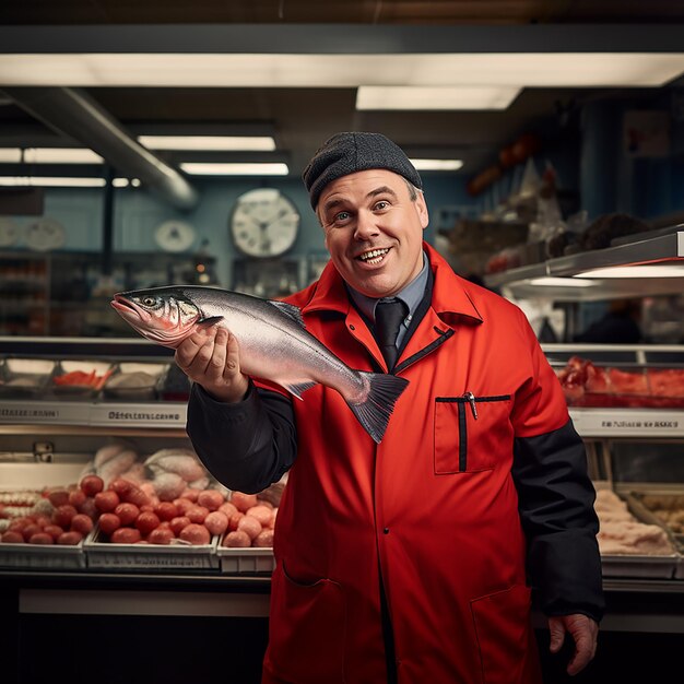 Vendeur joyeux tient un gros poisson sur le marché Concept d'achat sur le marché Copier l'espace de conception publicitaire