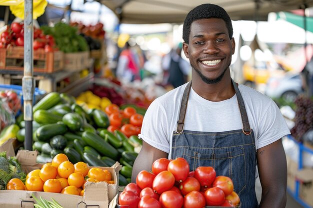 Un vendeur joyeux vend des produits frais