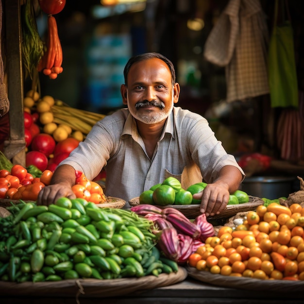 Vendeur de légumes indien assis au magasin et souriant