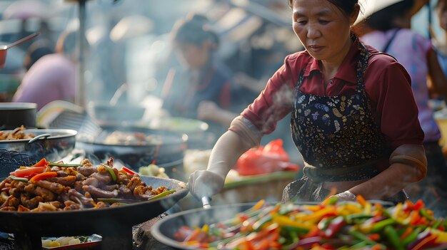 Photo vendeur de nourriture de rue animé préparant et servant une cuisine locale traditionnelle dans un marché en plein air dynamique