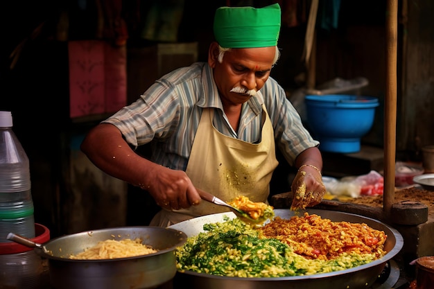 Vendeur de nourriture de rue indien faisant du bhel puri