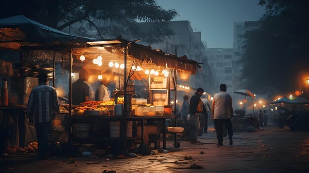 Un vendeur de nourriture de rue servant des délices au crépuscule.