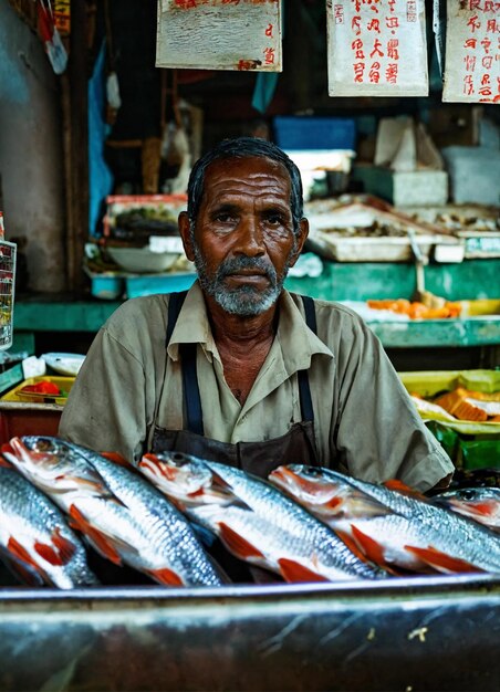 Photo vendeur de poisson derrière son comptoir en train de regarder la caméra