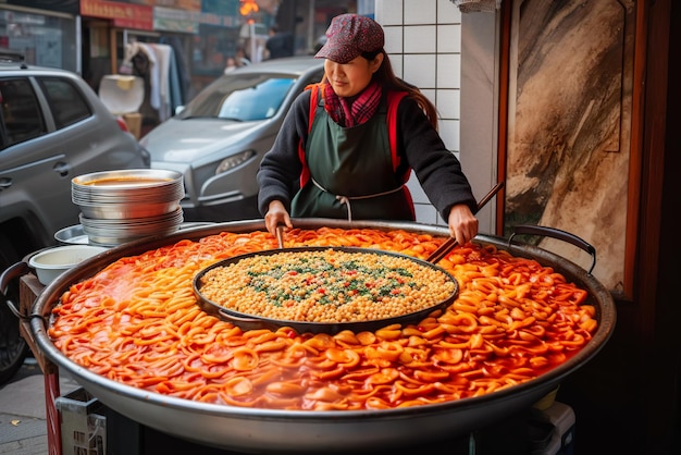 Un vendeur de rue à Séoul remuant un wok rempli de nourriture de rue coréenne générative Tteokbokki AI