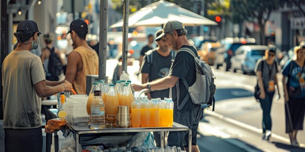 Un vendeur de rue vend des boissons froides pendant une vague de chaleur extrême La vie de la ville par une chaude journée d'été