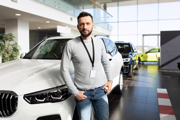 Vendeur sérieux dans un concessionnaire automobile à côté de la voiture