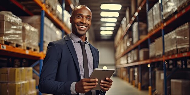 Vendeur souriant dans un entrepôt de quincaillerie, vérifiant les fournitures sur sa tablette