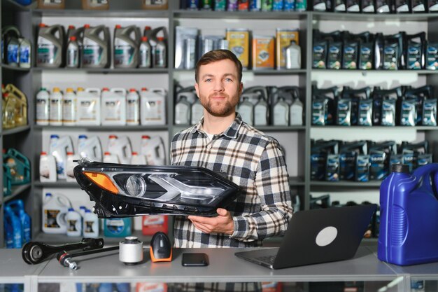 Photo le vendeur souriant du magasin de pièces automobiles