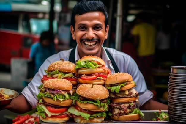 Vendeur souriant de rue avec hamburger