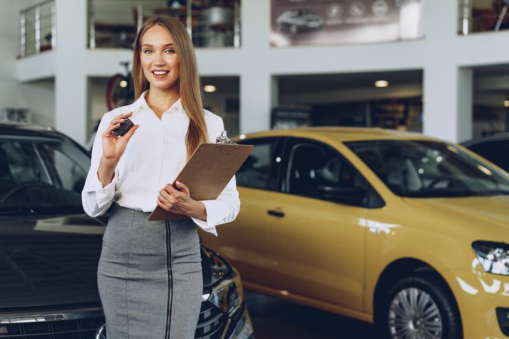 Photo vendeur de voiture jeune femme heureuse près de la voiture avec les clés en main