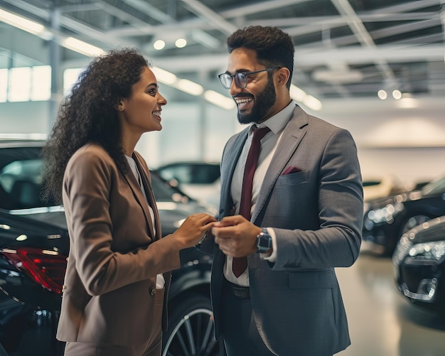 Un vendeur de voitures et un client discutent d'un achat chez un concessionnaire pour finaliser l'affaire.