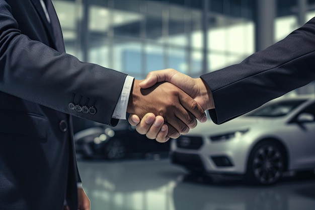 Vendeur de voitures concluant un accord et vendant une nouvelle voiture à un autre homme