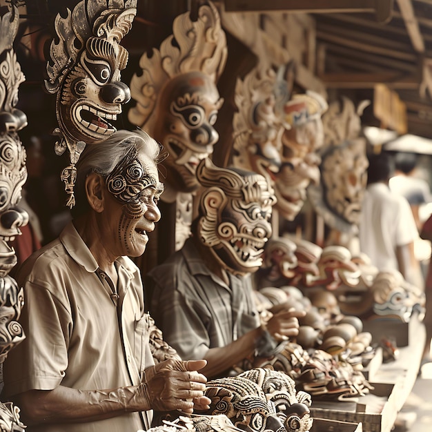 Des vendeurs de masques traditionnels exposant des masques colorés sur un marché traditionnel et culturel