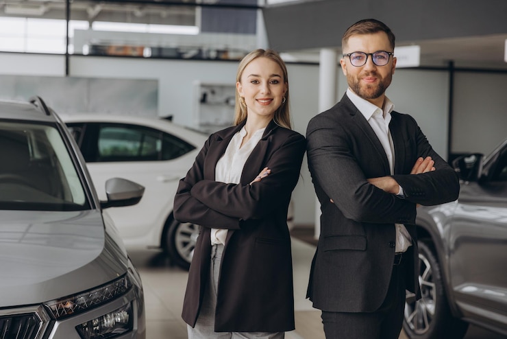 Photo des vendeurs de voitures amicaux souriants se tiennent dans le salon d'automobiles avec les bras croisés et annoncent la vente au détail