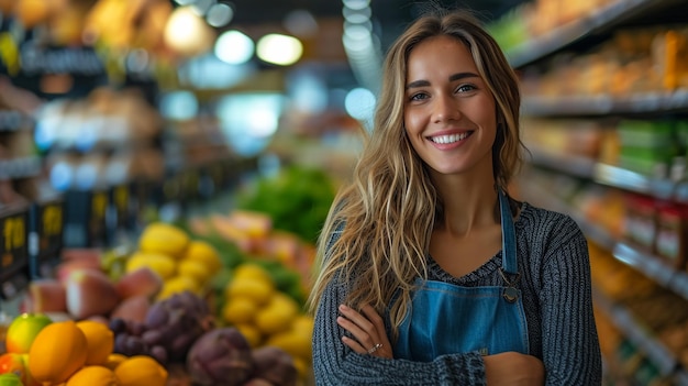 Vendeuse au comptoir avec des légumes Concept de petite entreprise