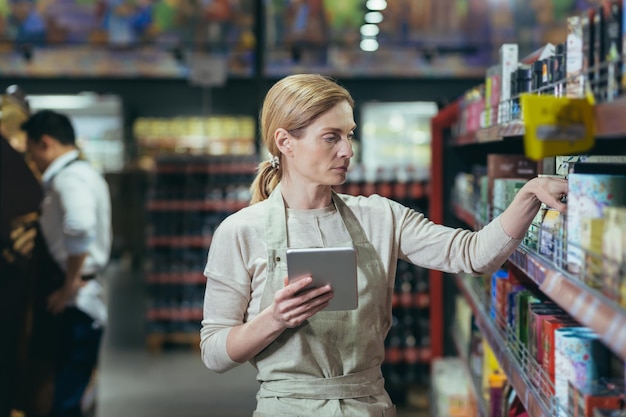 Une vendeuse dans un supermarché utilise une tablette pour compter les marchandises restantes entre collègues