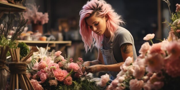 Une vendeuse de fleurs prépare un bouquet de luxe dans un magasin de fleurs Photo de haute qualité AI générative