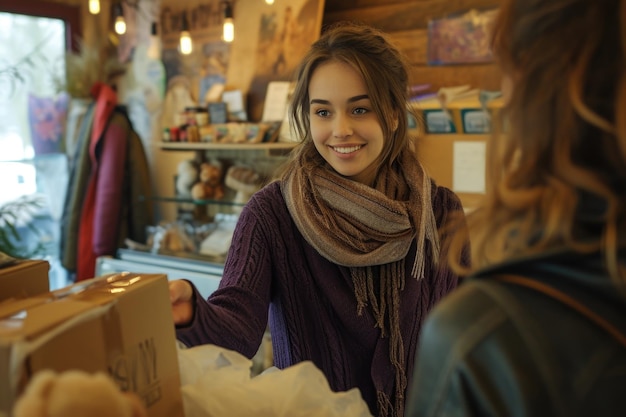 Une vendeuse joyeuse en écharpe présente une boîte à un client avec un sourire