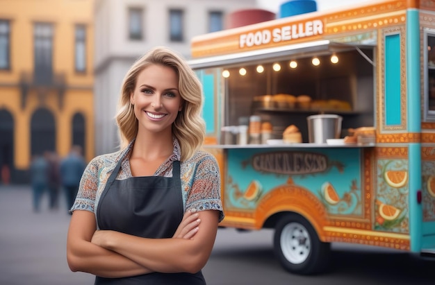 vendeuse de restauration rapide dans la rue souriante vendeuse blanche debout devant le camion de nourriture à l'extérieur