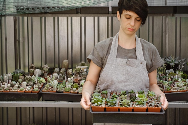 Une vendeuse tenant des succulents dans un pot de fleurs dans une serre