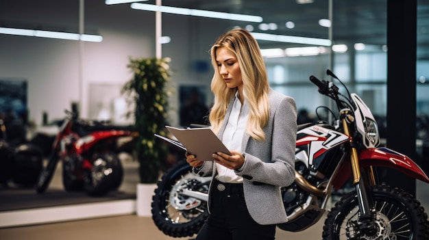 Une vendeuse tient un dossier Smiling Gym Derrière, il y a un nouveau gros vélo dans la salle d'exposition