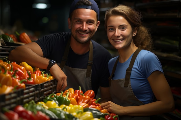 vendeuses d'épicerie travaillant dans l'allée des produits de l'épicerie assortie de légumes