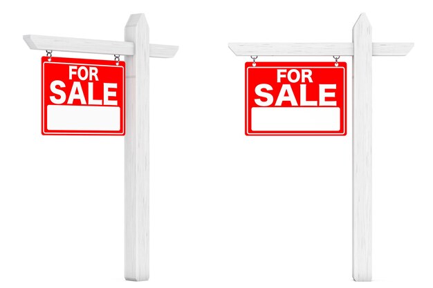À vendre signes immobiliers sur fond blanc. Rendu 3D