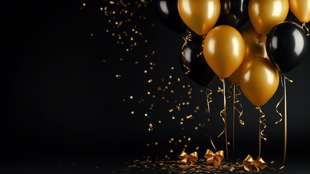 Vendredi noir Ballons en or Confetti et rubans sur fond noir Noël