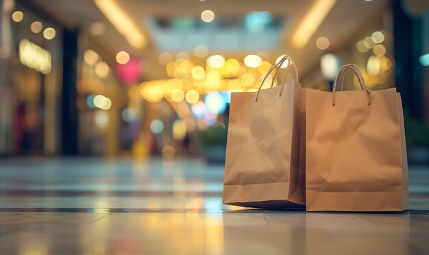 vendredi noir dans un centre commercial avec deux sacs en papier brun dans le style de bokeh or clair et lig