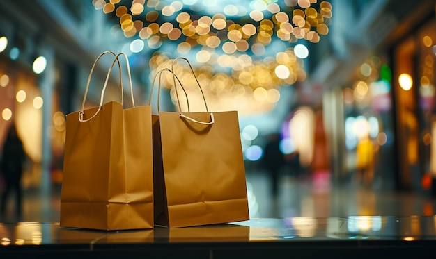 vendredi noir dans un centre commercial avec deux sacs en papier brun dans le style de bokeh or clair et lig