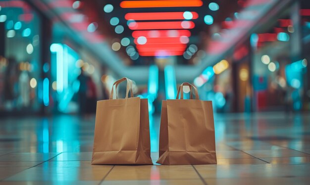 vendredi noir dans un centre commercial avec deux sacs en papier brun dans le style de l'or clair bokeh et