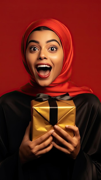 Vendredi noir femme tenant une boîte à cadeaux heureusement surprise