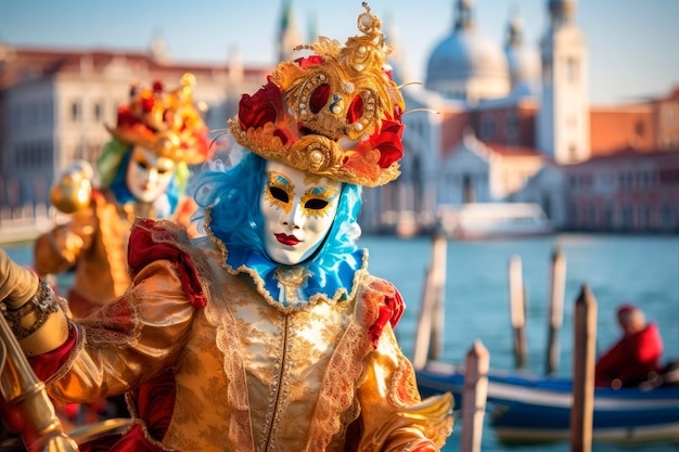 Venise pendant le carnaval de Mardi Gras Les gens posent sur la gondole dans le carnaval vénitien