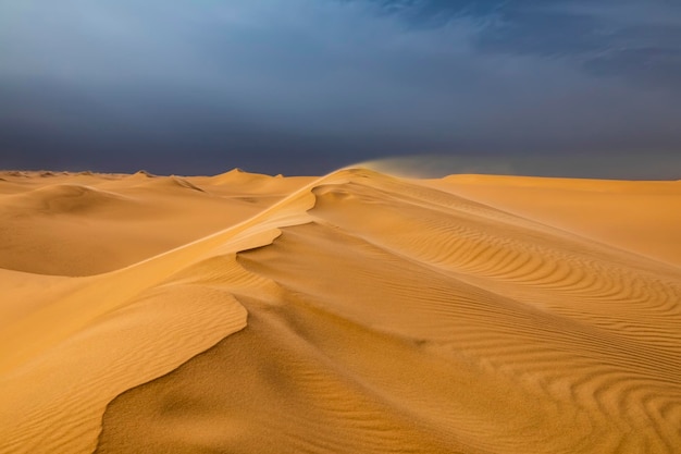 Vent fort au coucher du soleil sur les dunes de sable dans le désert Tempête de sable dans le désert