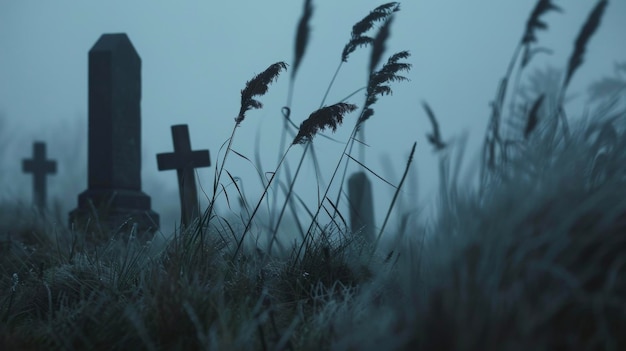 Un vent froid souffle à travers le cimetière provoquant le bruissement de l'herbe haute et créant un désagréable