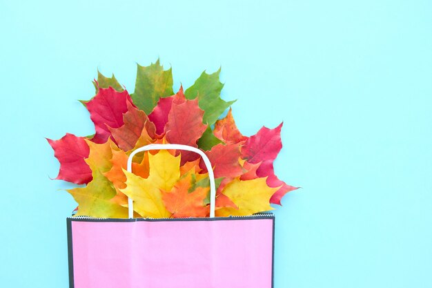 Photo vente d'automne. sac en papier avec des feuilles d'érable automne.