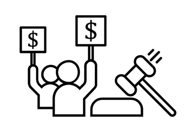 Vente aux enchères ecommerce icône art plat shopping symbole boutique en ligne noir signe oeuvre