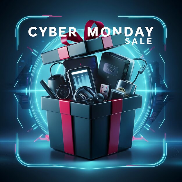 Photo vente du lundi cybernétique modèle de conception de message sur les médias sociaux avec concept de boîte à cadeaux