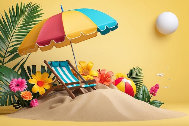 Vente d'été podium affichage pile de fleurs de sable plage parapluie chaise de plage