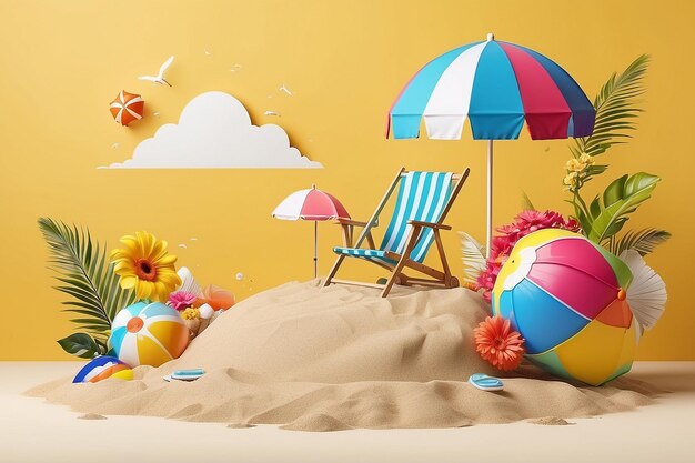 Vente d'été podium affichage pile de fleurs de sable plage parapluie chaise de plage