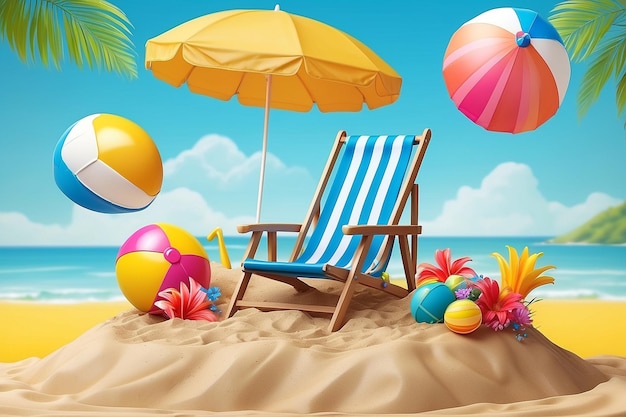 Vente d'été podium affichage pile de fleurs de sable plage parapluie chaise de plage