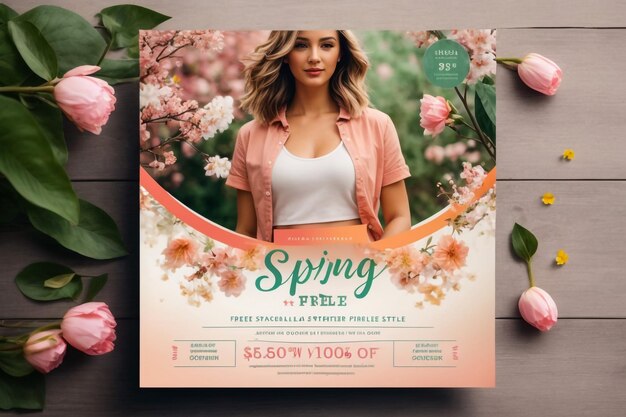 Photo vente avec des fleurs de printemps histoires modèle d'illustration plate modifiable de fond carré su