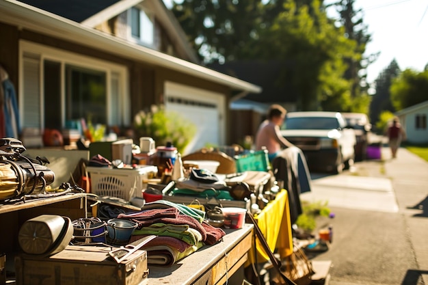 Vente de garage par une journée ensoleillée Tables avec de vieilles choses devant les maisons les gens regardent les marchandises